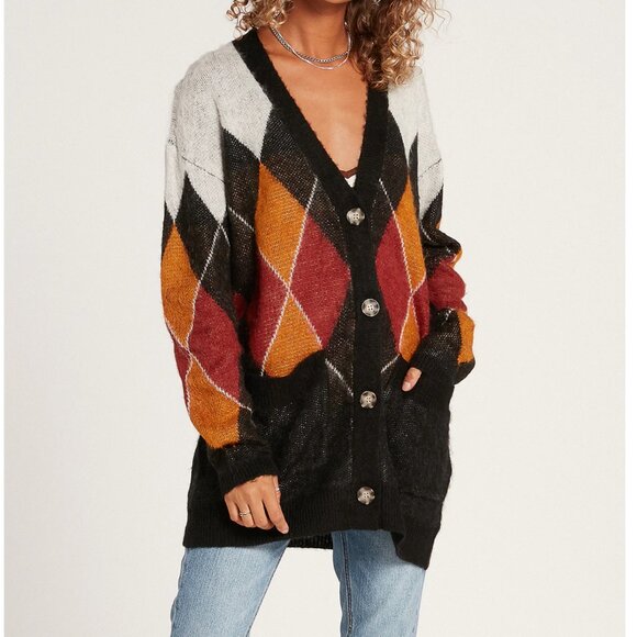 Volcom Knitty City Argyle Button Up Long Sleeve Cardigan Sweater - Picture 2 of 13